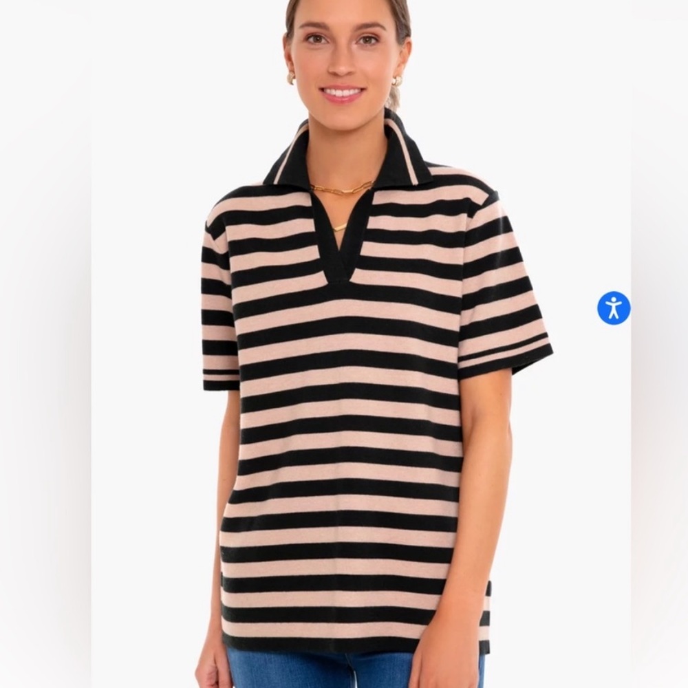 Tuckernut Pomander Place Rugby Stripe Knit Polo Large Tan Black
